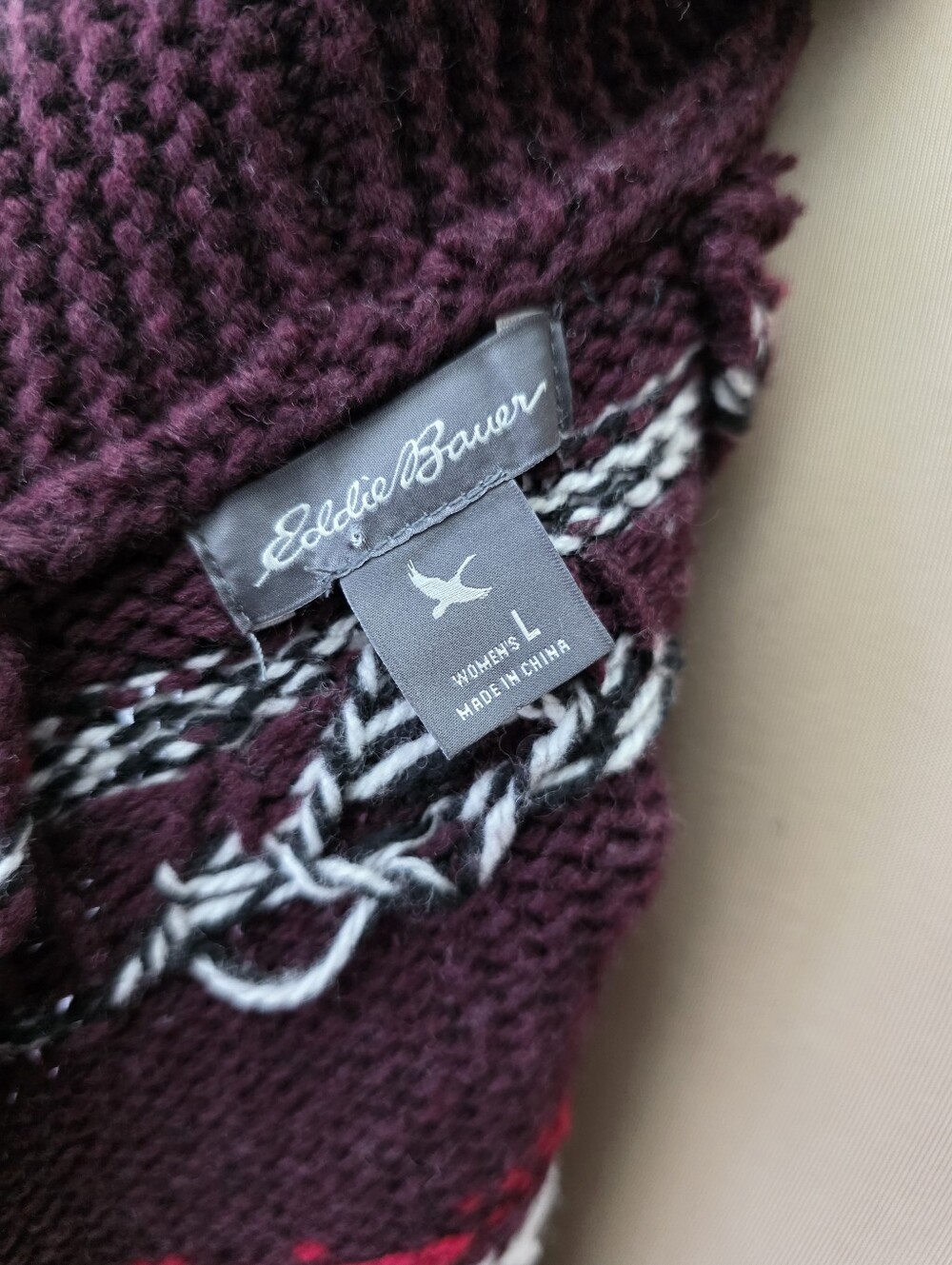Eddie Bauer Wool Blend Fair Isle Cardigan L Burgundy Nordic Scandi Full Zip - Picture 9 of 13